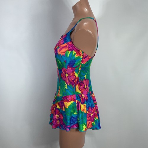 Vintage 80s 90s NEON FLORAL Le Cove Ladies Swimsuit Skirted Swim Dress 16 - Picture 7 of 10