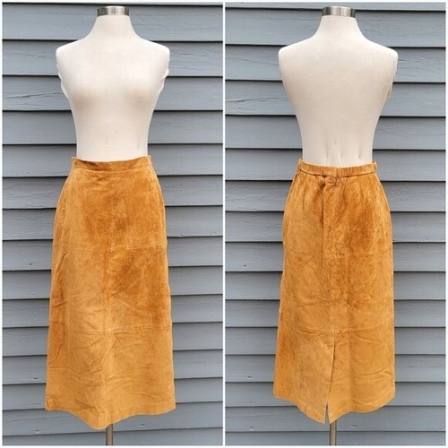 Vintage 90s y2k Camel Tan Honey Butterscotch Suede Leather Boho Midi Skirt 6