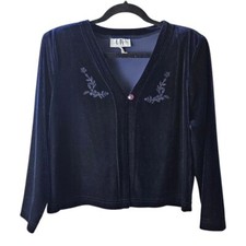VTG Velvet Cardigan Bolero Top Blue Floral Embroidered Button Whimsygoth Y2K 