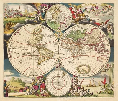 1703 World Map Historic Vintage Style Old World Wall Map Poster - 24x28