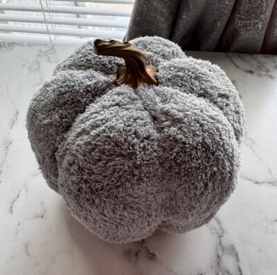Sherpa Pumpkin Gray With Gold Bronze Stem Fall Decor