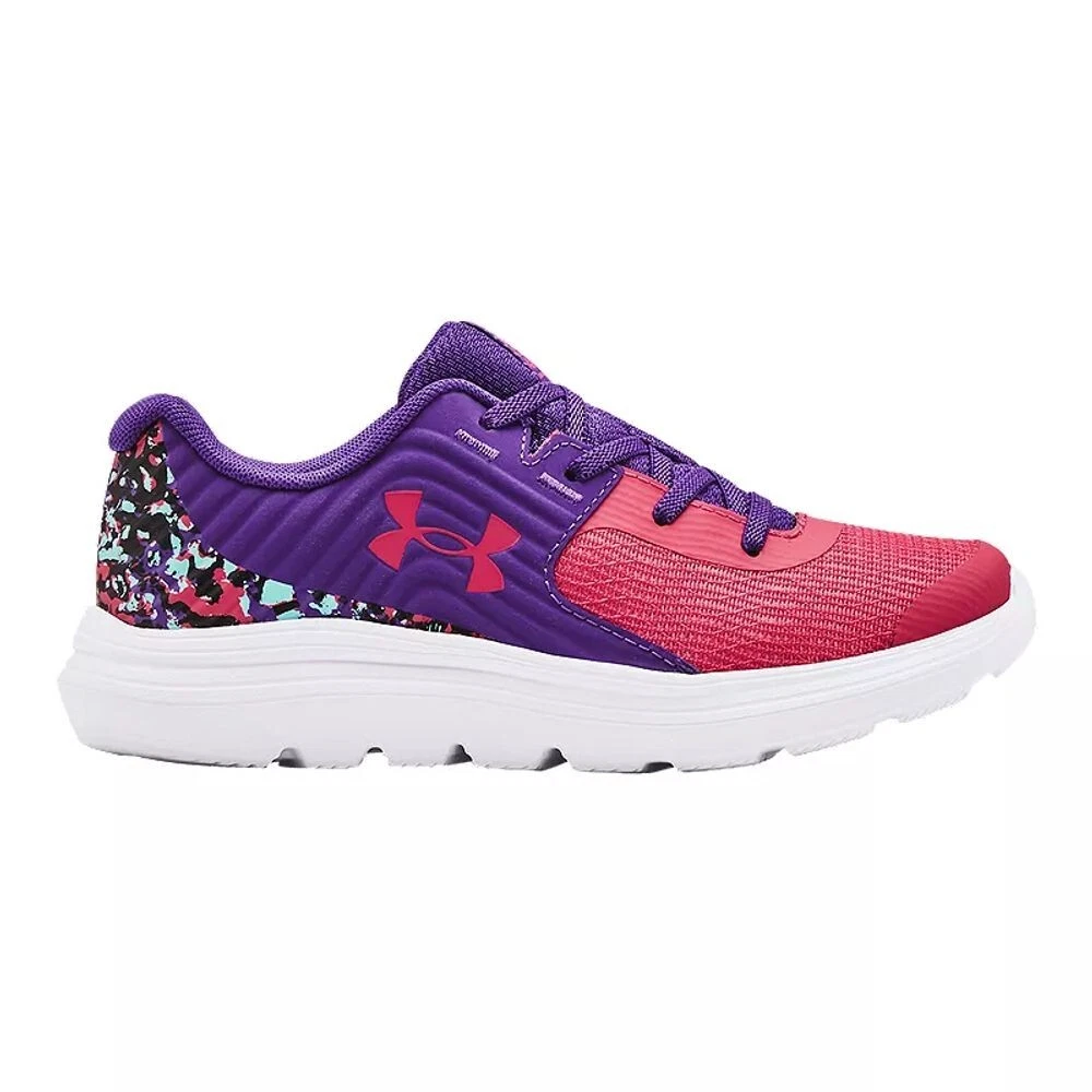 new UNDER ARMOUR girls OUTHUSTLE PRINT SHOES sz 5Y pink purple running sneakers
