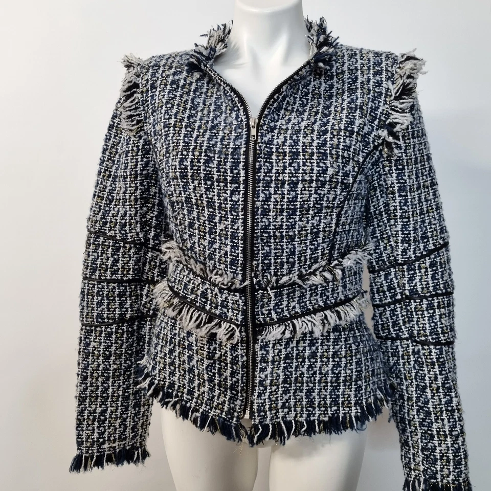 Chaqueta Blazer Walter Baker Baca Cremallera Completa Tweed Flecos Borde Imitación Cuero Talla M Foto 3 de 4