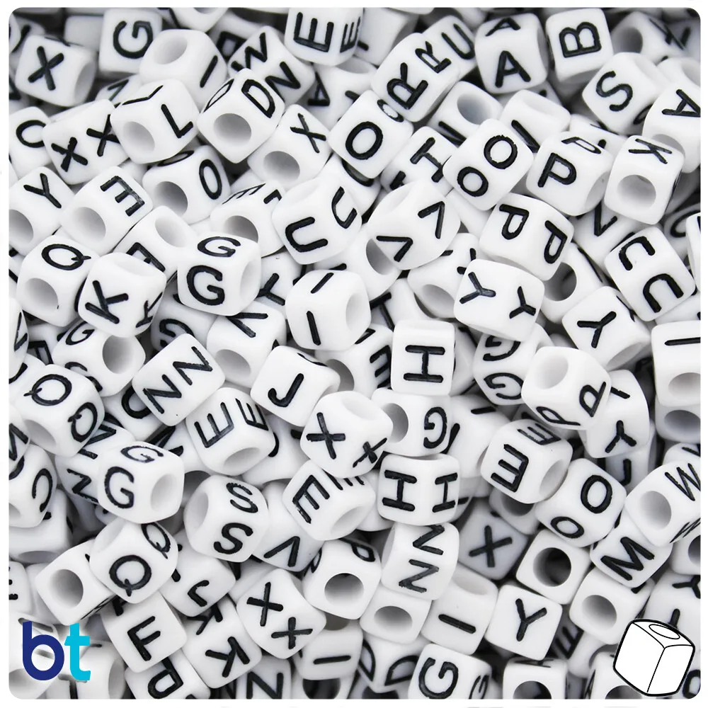 BeadTin White Opaque 6mm Cube Alpha Beads - Single Black Letter Choice  (80pcs)