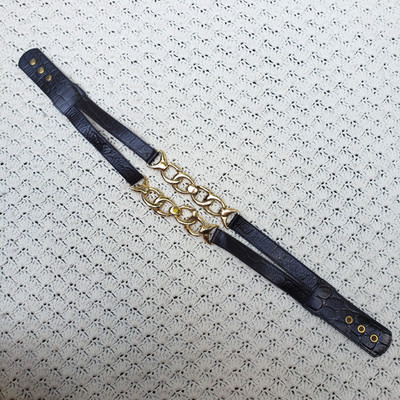 Vtg STREETS AHEAD Santa Monica Brushed Gold Link 2 Layer Black Leather Belt