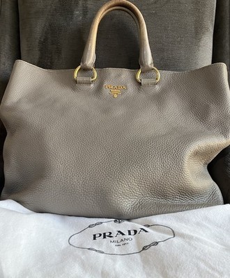 Authentic Prada Pebbled Leather Tote Bag Gray Gold Hardware Large