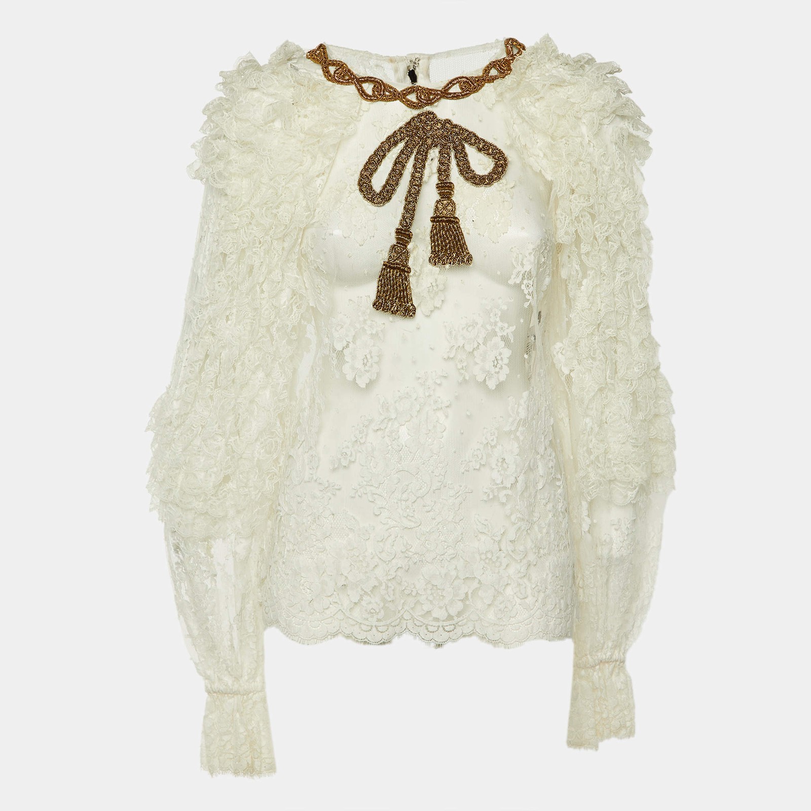 Dolce Gabbana White Lace Rope Embellished Sheer Top L