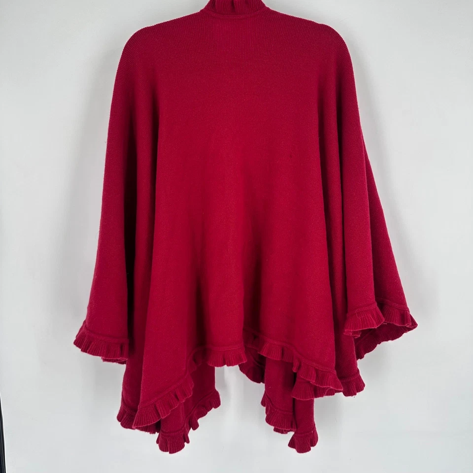Poncho envolvente Bloomingdales 100 % lana rojo con volantes hecho en Italia suéter pequeño Foto 3 de 4