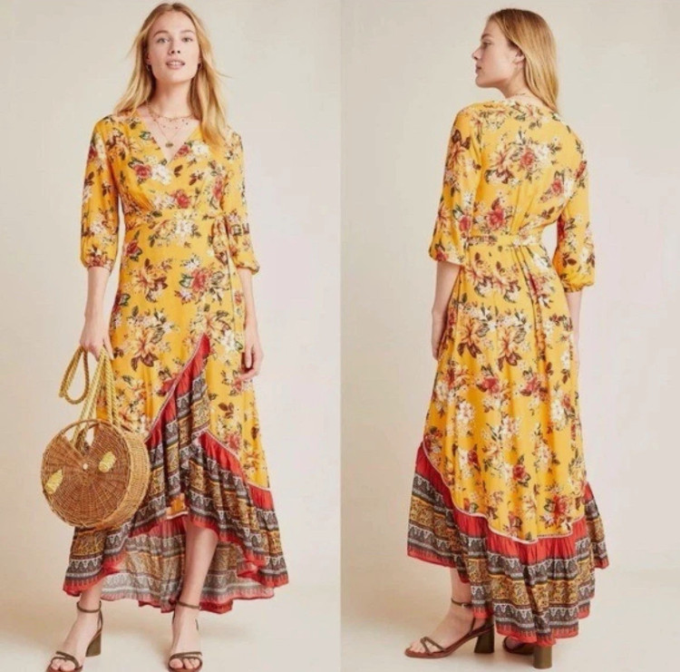 Maxi Vestido Envolvente Farm Rio Anthropology Soigne Naranja Floral Boho Flamenco Mujeres M