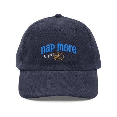 Nap More Hat   Embroidered Corduroy Dad Hat with Sleeping Cat 