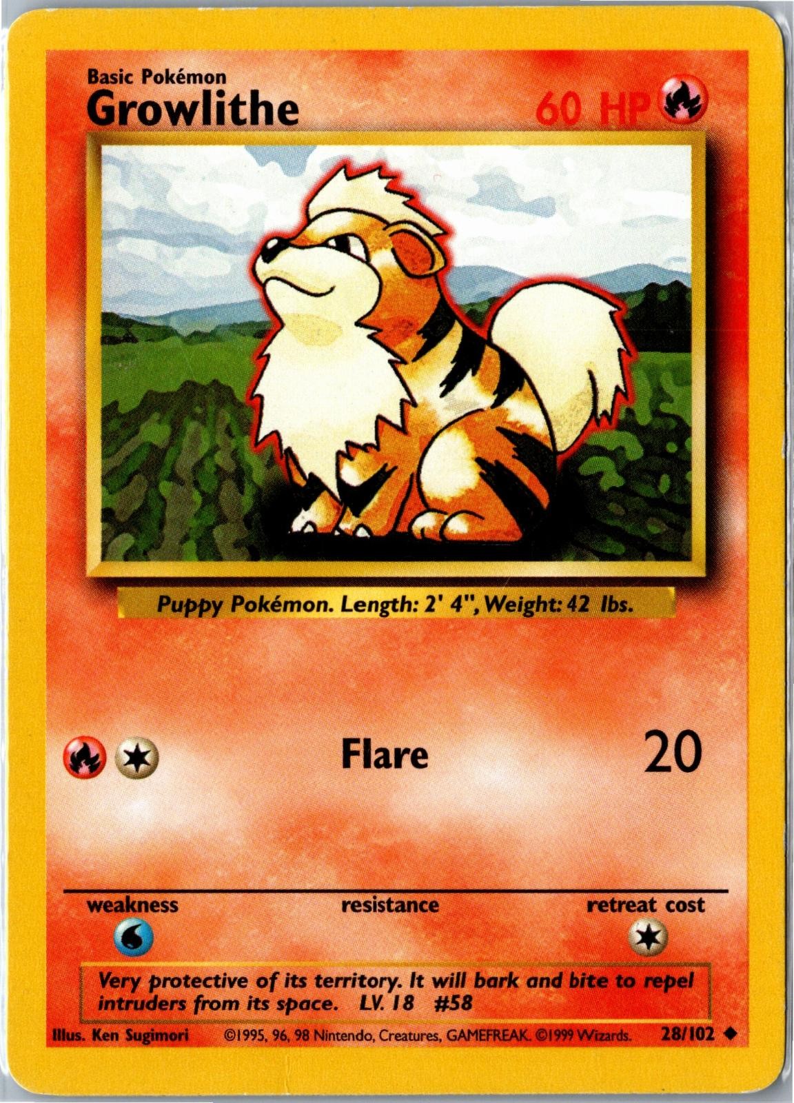 Pokemon Card - Growlithe 28/102 Base Set Unlimited Uncommon Moderately Played