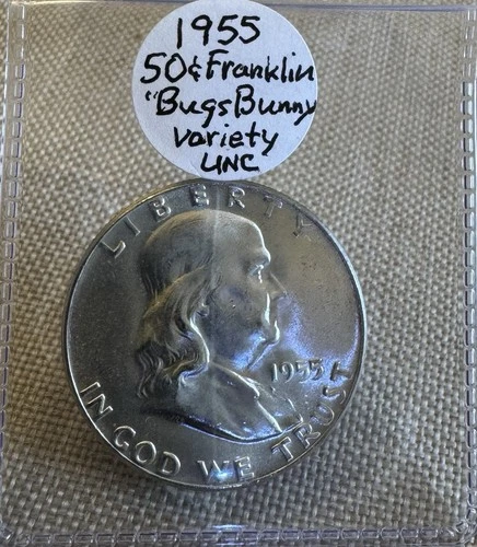 1955 Franklin Silver 1/2 Dollar "Bugs Bunny Variety" BU 90% Lustrous Silver Coin