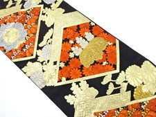 7289693: JAPANESE KIMONO / ANTIQUE FUKURO OBI / WOVEN KIKU
