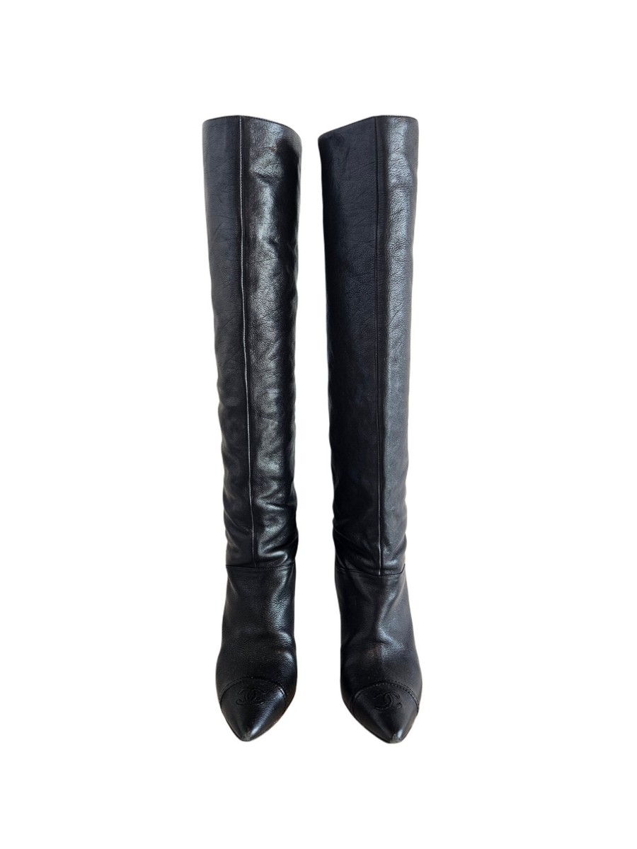 Chanel Black CC Logo Leather Knee High Woman Boots | eBay
