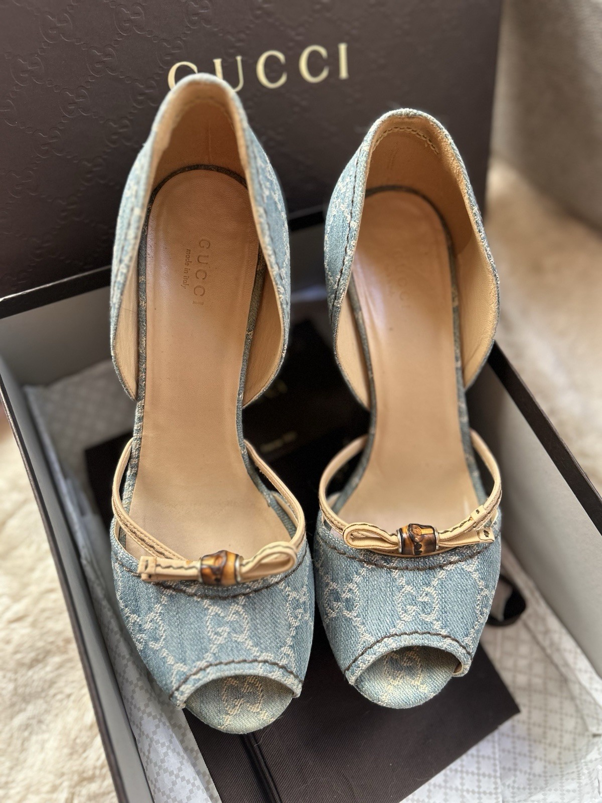Gucci Denim GG Delav/Nappa Charlott Wedge Cuña 39,5 Zapatos Tacón, Sandalias