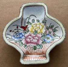 Vintage MCM Enamel on Copper Metal Trinket Dish Basket Bouquet Flowers #12