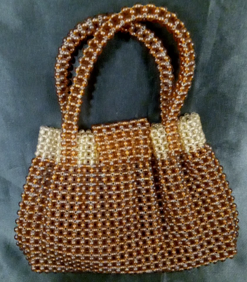 Bolso de mano vintage Art Deco de los años 30 con cuentas con cordón ámbar marrón con cuentas estilo francés Foto 2 de 4