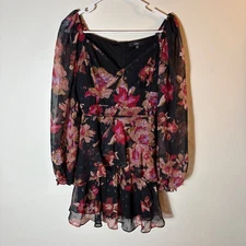 Lulus Dramatically Dreamy Black Floral Chiffon Tiered Lurex Mini Dress Medium