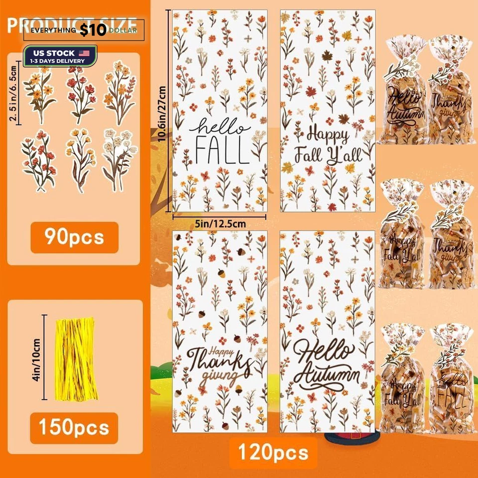 JOICEE 120 PCS Fall Cellophane Treat Bags, 1 Count (Pack of 120), Brown Foto 2 de 4