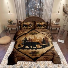 Homewish Lodge Cabin Comforter Set King Size 3 Pcsbear Wild Animal Silhouette