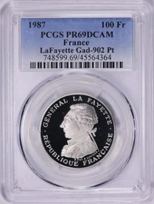 1987 France 100 Francs General Lafayette 230th Platinum .6424 oz PCGS 69 DCAM