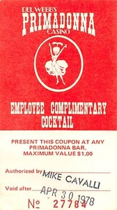 Primadonna Casino - Reno, NV - Vintage Paper Employee Drink Coupon