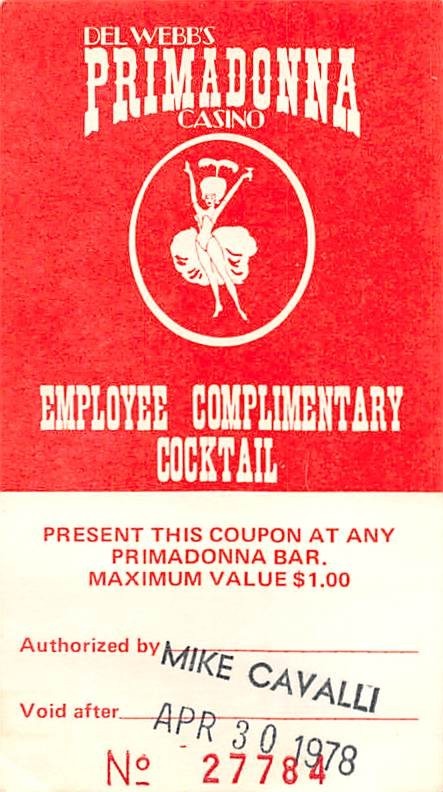 Primadonna Casino - Reno, NV - Vintage Paper Employee Drink Coupon