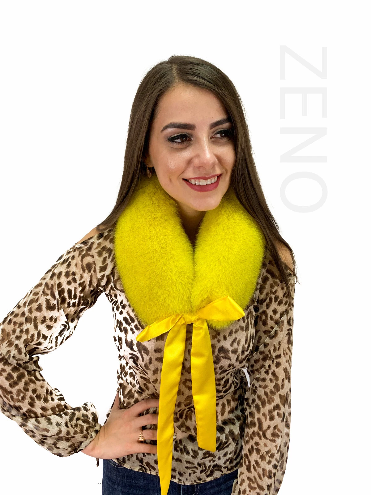 Natural Finn Fox Fur Scarf 27' (70cm) Yellow Saga Furs Detachable Ribbon