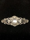 Vintage Silver Tone Faux White Stone Brooch Pin 2 3/8” X 1” Costume Jewelry