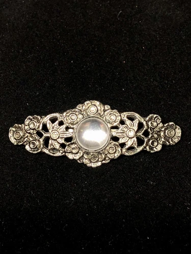 Vintage Silver Tone Faux White Stone Brooch Pin 2 3/8” X 1” Costume Jewelry