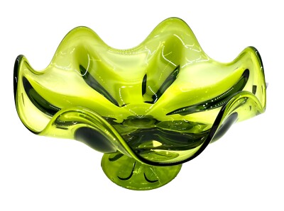 Vintage Viking Glass Green Epic Line Six Petal Compote Pedestal Bowl Mid Century