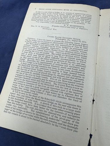 1874 Report "Bridge Constuction SCHUYLKILL, South St" Sec. War Belknap to Senate - Imagen 2 de 4