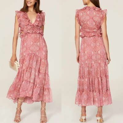 MISA Natasha Midi Dress Women Large Pink Floral Cut Out Ruffle V-Neck Sheer  | eBay