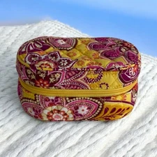 Vera Bradley BALI GOLD Fabric Jewelry Travel Case Box Organizer Small Oval EUC
