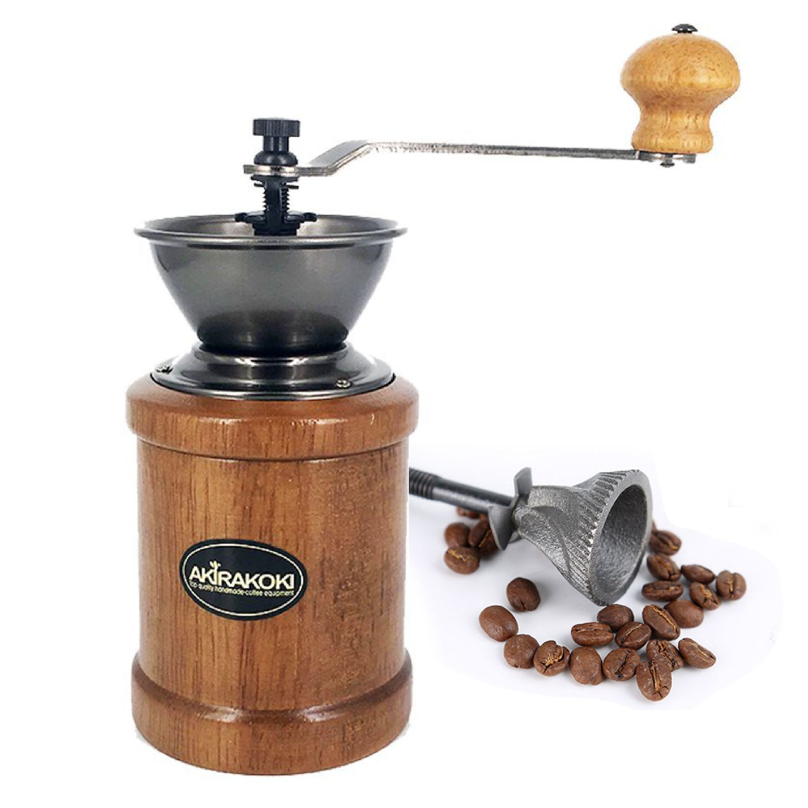 AKIRAKOKI Genuine Manual Coffee Bean Grinder Cast Iron Burr Mill Wooden