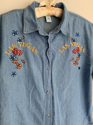 XXL Women Las Vegas Vintage Button Shirt Embroidered Casino Chip Gamble Top VLV