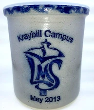 Eldreth Pottery  Signed Salt Glazed Crock Cobalt Blue LMS Kraybill Campus  2013