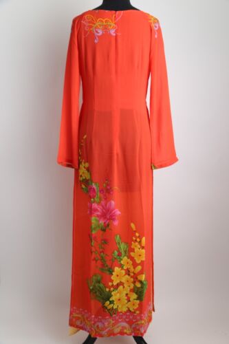 Ao Dai Vietnam - Coral Tribal floral Design w/ Pants (32" - 36" Bust) - Picture 2 of 2