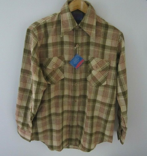 New Ponderosa by Bardon Mens Medium 85% Australian Wool LS Shirt Beige Plaid Vtg