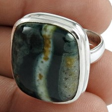 Ocean Jasper Gemstone 925 Solid Silver Bezel Wife Cocktail Ring Jewelry Size 6