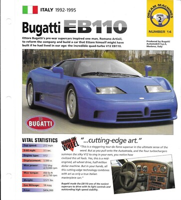 Dream Machines folder 1992-1995 BUGATTI EB110 SPEC SHEET card Hot Cars brochure