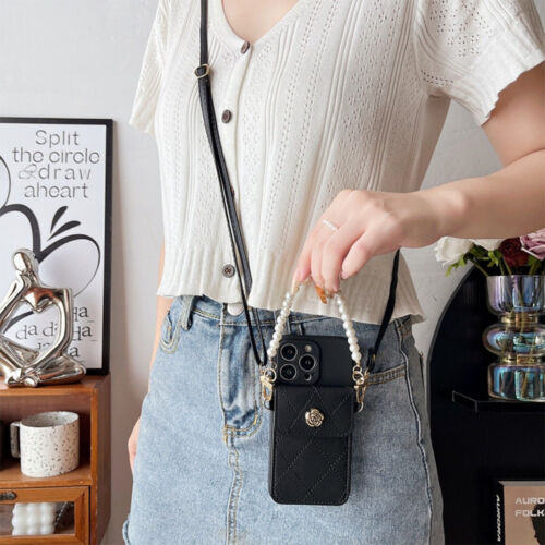 For Samsung iPhone Crossbody Pearl Chain Card Wallet Bag Case Strap Phone Cover - Zdjęcie 2 z 18