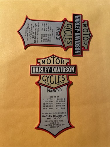 Harley Patented Metal Decal Sticker Set (2) Oem Nos Oil Tank Shovelhead Panhead