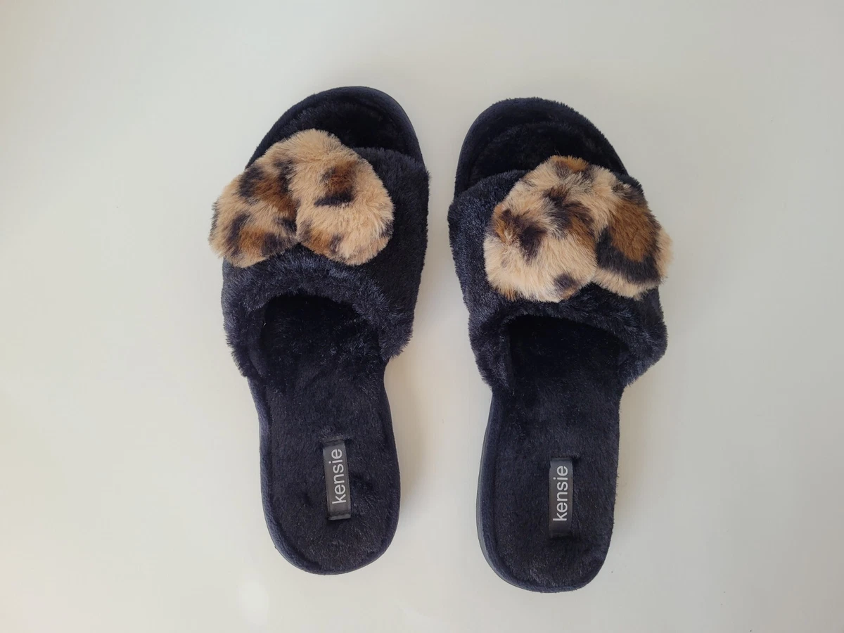 Kensie Women Slippers Black Faux Fur with Leopard Print Heart Size