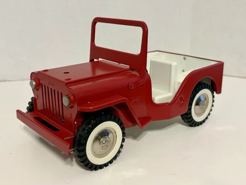 Vintage TONKA Red Jeep Truck Pressed Steel Toy 9.5" Long Repainted