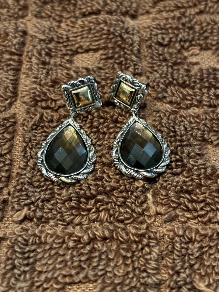 JAI John Hardy 925 Silver 14K Gold Black Mother of Pearl Dangle Pierced Earrings - Image 3 of 4