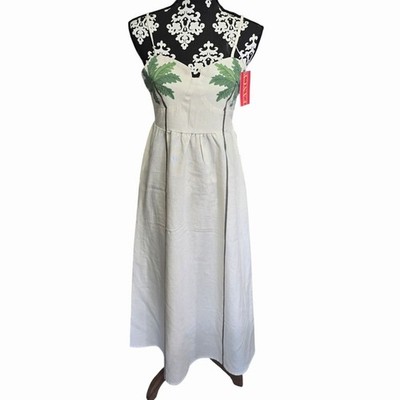 NEW Fancy XS Maxi Dress Beige Palm Leaf Print Spaghetti Straps Vintage Look