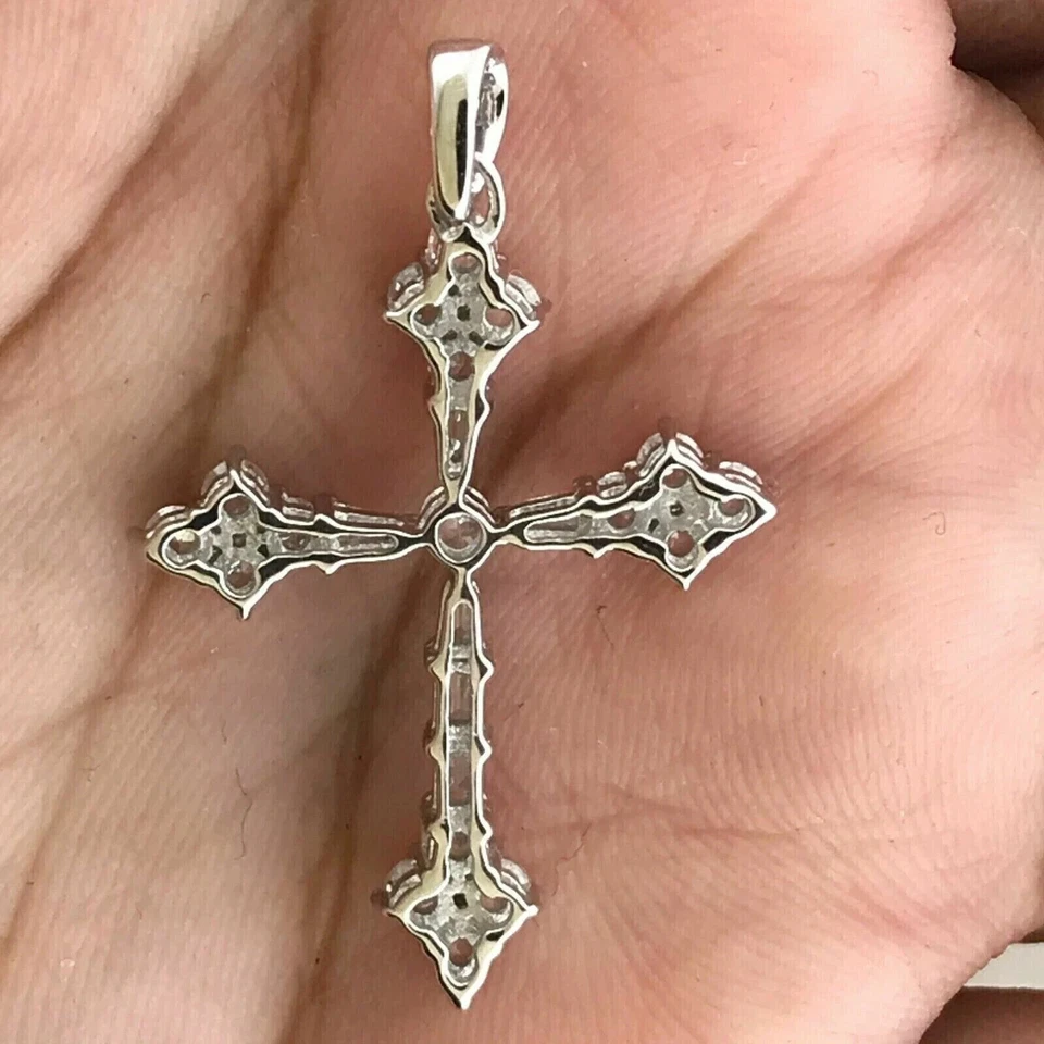 Collar Cruz Diamante, Collar Cruz Oro Sólido 14k, Colgante Diamante Redondo Foto 3 de 4