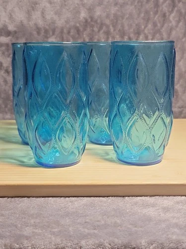 Anchor Hocking Madrid Aqua Blue Flat Tumblers 10oz Set of 4 Vintage Glasses 60s