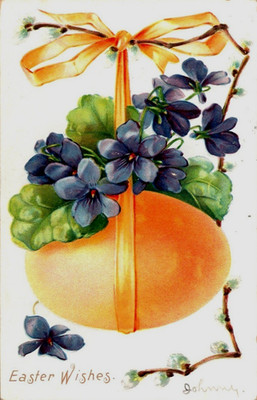 Vintage Victorian Postcard 1908 Easter Wishes - Giant Yellow Egg & Violets